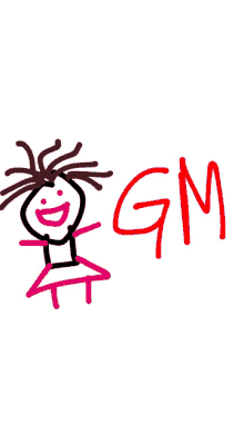 a drawing of a stick figure and the word gm in red