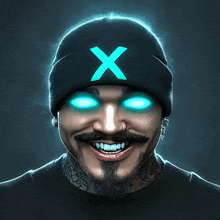 a man wearing a black beanie with an x on it