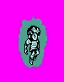 a pixel art of a skeleton with a pink background .