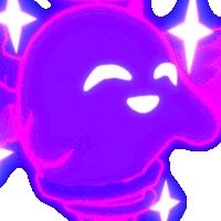 a purple and pink cartoon character with a glowing face