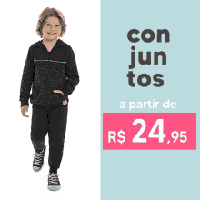 a boy wearing a black jacket and black pants with the words con jun tos a partir de r $ 24.95 above him