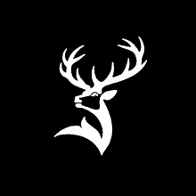 a white silhouette of a deer 's head with antlers on a black background