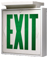 a green exit sign is on a white box