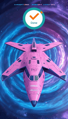 a pink airbus plane is flying through a galaxy with a check mark on it that says done