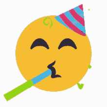 a yellow smiley face wearing a party hat and blowing a party horn