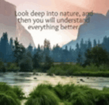 a picture of a river with mountains in the background and a quote that says look deep into nature and then you will understand everything better