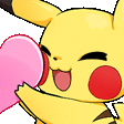 a pikachu is holding a pink heart in his mouth .