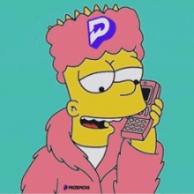 bart simpson is wearing a pink coat and talking on a phone