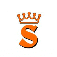 the letter s is orange with a crown on top of it .