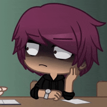 a cartoon character with purple hair is sitting at a table