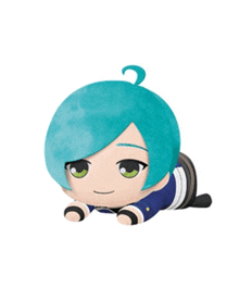 a stuffed animal with blue hair and green eyes