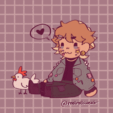 a drawing of a person sitting next to a chicken with the name reedrollsweat written below it