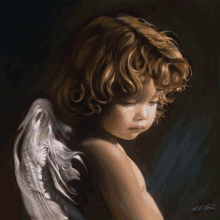 a painting of a child with angel wings has the signature t.g. mick on the bottom right corner