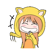 a cartoon girl wearing a yellow hoodie with cat ears is laughing and smiling .