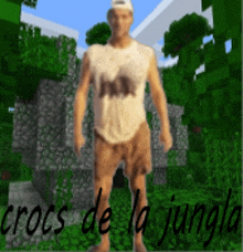 a man in a white tank top and brown shorts is standing in a jungle with the words crocs de la jungle below him