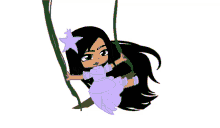 a girl with long black hair is sitting on a swing