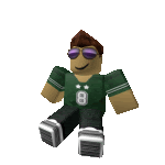 a roblox character wearing a green jersey and sunglasses is sitting down .