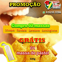 an advertisement for bom de bom massas shows a person eating some food