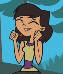 a cartoon girl with a purple necklace is smiling and making a fist