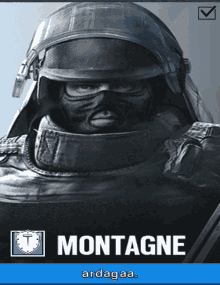 a video game character named montagne is wearing a helmet