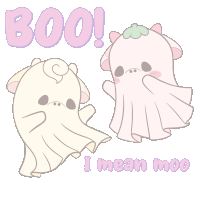 a cartoon of two ghosts with the words boo i mean moo