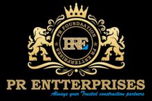 a logo for pr enterprises with a crown and two lions