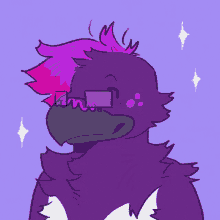 a drawing of a purple bird with glasses and a pink mohawk