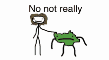 a stick figure holding a green frog with the words " no not really " on the bottom