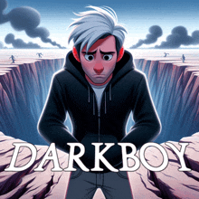 a poster for darkboy shows a man in a hoodie standing in front of a cliff