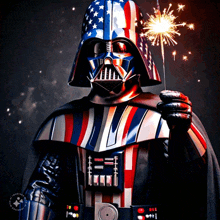 a darth vader holding a sparkler with an american flag helmet