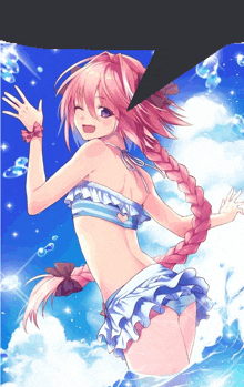 a pink haired anime girl in a bikini is swimming in the ocean