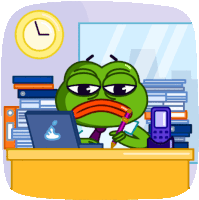 a cartoon frog is sitting at a desk with a laptop and a phone