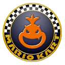 a mario kart logo with a pumpkin in the center