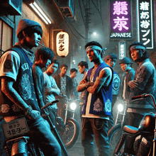 a group of men are standing in front of a japanese restaurant