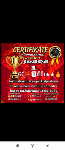 a red certificate of appreciation with a gold trophy on it