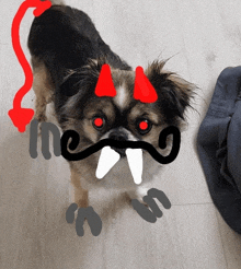 a drawing of a dog with red horns and a mustache with the word the on it