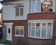 a picture of a girl in front of a house with the words trippys gaff above it