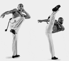 a black and white photo of two men doing karate .