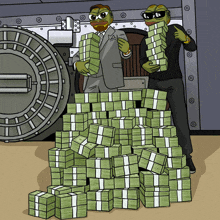 a cartoon of two frogs holding stacks of money