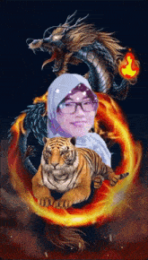 a woman surrounded by a tiger and a dragon