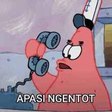 patrick star from spongebob squarepants is talking on a phone with a funny face .