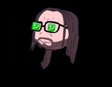 a cartoon of a man with long hair wearing glasses with a green currency symbol on them