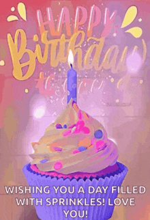 a birthday card with a cupcake with a candle on top and sprinkles .