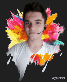 a man wearing a headset is surrounded by colorful splashes of paint and the name bugatus is on the bottom