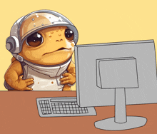 a cartoon of a lizard wearing a helmet looking at a computer screen