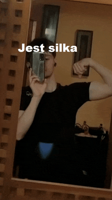 a man is taking a picture of himself in a mirror with the words jest silka written on it