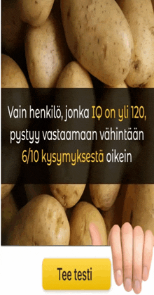 a picture of potatoes with a yellow tee testi button