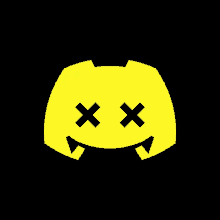 a yellow discord icon with crossed eyes and teeth on a black background