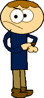 a cartoon character is wearing a blue shirt and brown pants and is looking at his watch .