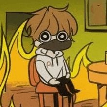 a cartoon character is wearing a mask and sitting in front of a fire .